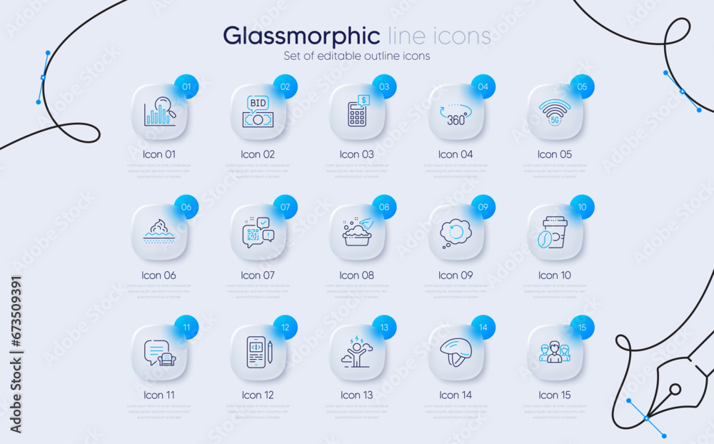 Set of 360 degrees, Teamwork and Recovery data line icons for web app. Difficult stress, 5g wifi, Phone code icons. Skin care, Qr code, Takeaway coffee signs. Bid offer, Bicycle helmet. Vector Set of 360 degrees, Teamwork and Recovery data line icons for web app. Difficult stress, 5g wifi, Phone code icons. Skin care, Qr code, Takeaway coffee signs. Bid offer, Bicycle helmet. Vector