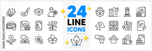 Icons set of Engineer, Lease contract and Opened box line icons pack for app with Brush, Fuel price, Charging station thin outline icon. Eco power, Mobile inventory, Lighthouse pictogram. Vector