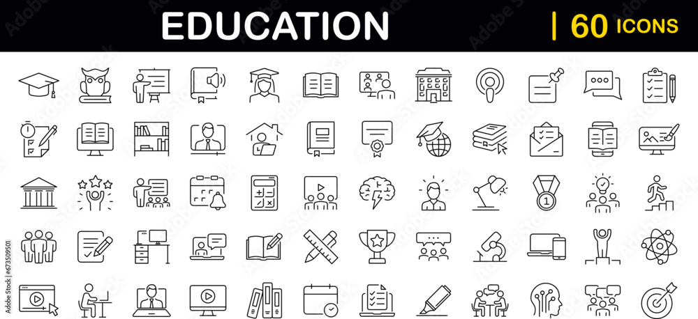 Education set of web icons in line style. Learning icons for web and mobile app. E-learning, video tutorial, knowledge, study, school, university, webinar, online education. Vector illustration - obrazy, fototapety, plakaty 