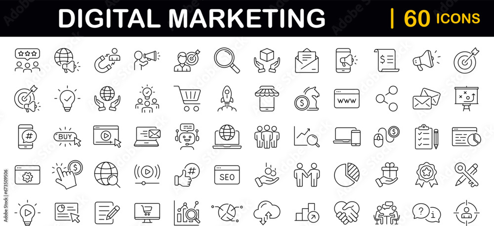 Digital marketing set of web icons in line style. Marketing icons for web and mobile app. Communication, advertising, ecommerce, seo, content, product, target audience, website, social media and more