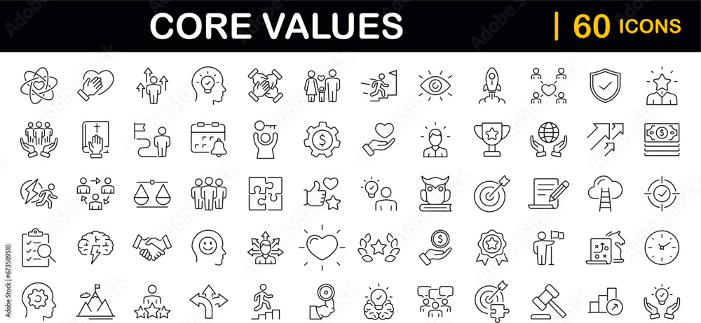 Core value set of web icons in line style. Core values icons for web and mobile app. Performance, innovation, goals, integrity, customer, commitment, quality, teamwork. Vector illustration - obrazy, fototapety, plakaty 