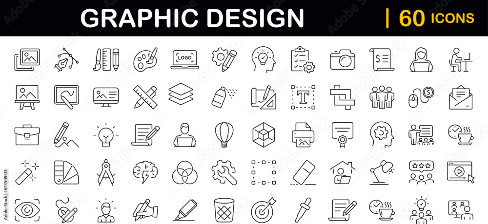 Graphic Design set of web icons in line style. Graphic design icons for web and mobile app. Digital art, creativity, tools, drawing, portfolio, creative process. Vector illustration