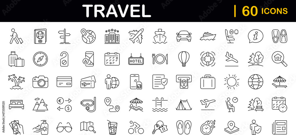 Travel and Tourism set of web icons in line style.Travel and vacation icons for web and mobile app. Airport, tickets, tour, relax, hotel, recreational rest, service. Vector illustration