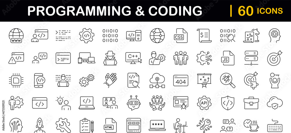 Programming coding set of web icons in line style. Software development icons for web and mobile app. Code, api, programmer, developer, information technology, coder and more. Vector illustration - obrazy, fototapety, plakaty 