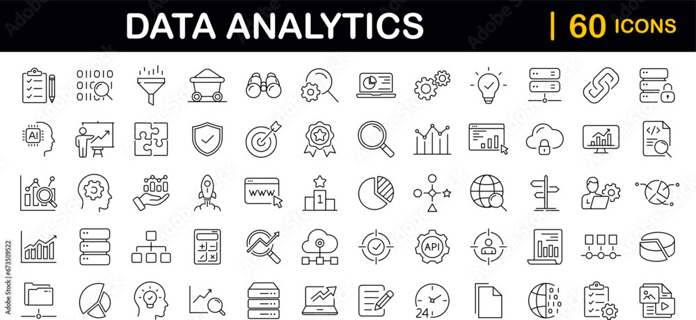 Fototapeta premium Data analytics set of web icons in line style. Data analysis icons for web and mobile app. Data processing, statistics, database, analytics, monitoring, computing, AI, hosting, monitoring, server