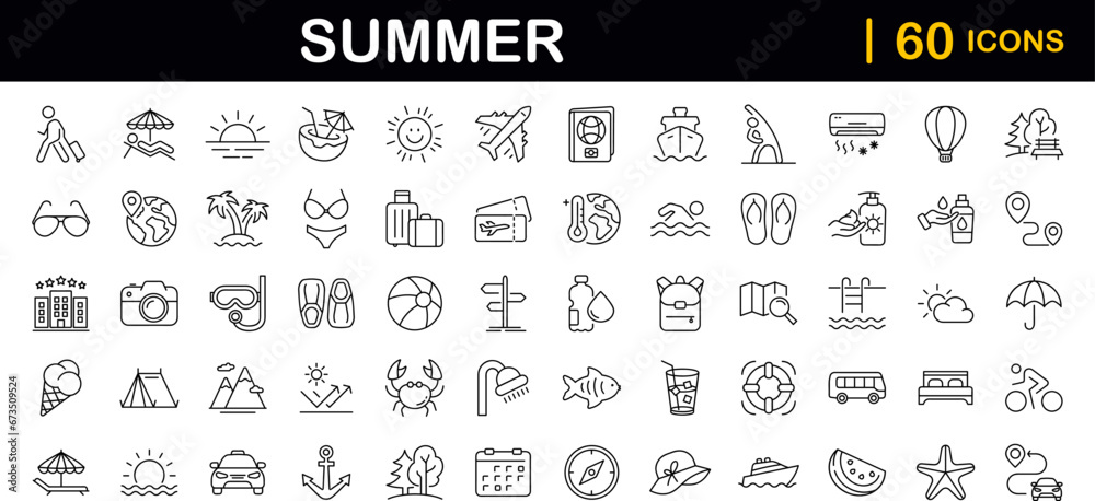 Summer set of web icons in line style. Summer vacation icons for web and mobile app. Travel, beach, tourism, summer holidays, hotel, relax, beach, luggage, passport, sunglasses. Vector illustration
