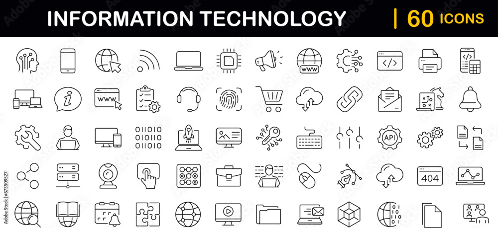 Information technology set of web icons in line style. IT icons for web and mobile app. Programming, network, website, technology progress, internet, devices, server, data. Vector illustration