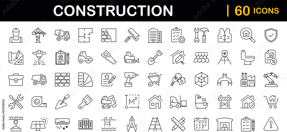 Construction set of web icons in line style. Building and construction icons for web and mobile app. Home repair, crane, building, tools, land, excavator, contractor, builders. Vector illustration