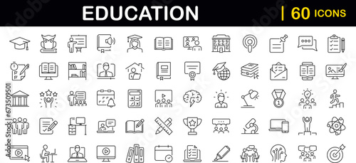 Education set of web icons in line style. Learning icons for web and mobile app. E-learning, video tutorial, knowledge, study, school, university, webinar, online education. Vector illustration