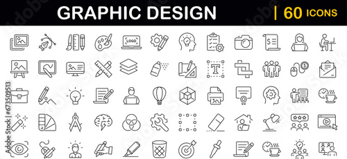 Graphic Design set of web icons in line style. Graphic design icons for web and mobile app. Digital art, creativity, tools, drawing, portfolio, creative process. Vector illustration