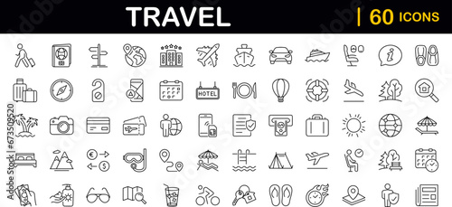 Fototapeta Naklejka Na Ścianę i Meble -  Travel and Tourism set of web icons in line style.Travel and vacation icons for web and mobile app. Airport, tickets, tour, relax, hotel, recreational rest, service. Vector illustration