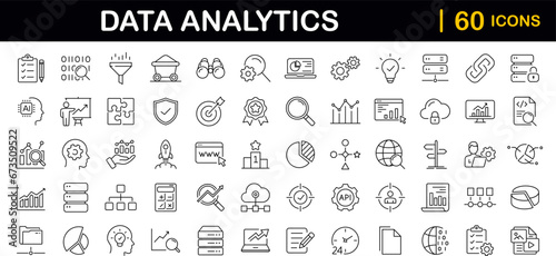 Data analytics set of web icons in line style. Data analysis icons for web and mobile app. Data processing, statistics, database, analytics, monitoring, computing, AI, hosting, monitoring, server