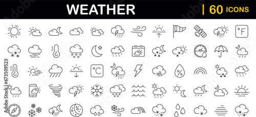 Weather set of web icons in line style. Forecast weather icons for web and mobile app. Forecast, clouds, sunny day, wind, snowflakes, sun, rain, thunder storm, dew, wind, moon. Vector illustration