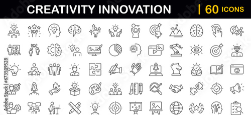Creativity innovation set of web icons in line style. Creative business solutions icons for web and mobile app.Creative idea, team management, solution, brainstorming, invention. Vector illustration