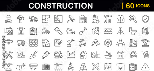 Construction set of web icons in line style. Building and construction icons for web and mobile app. Home repair, crane, building, tools, land, excavator, contractor, builders. Vector illustration