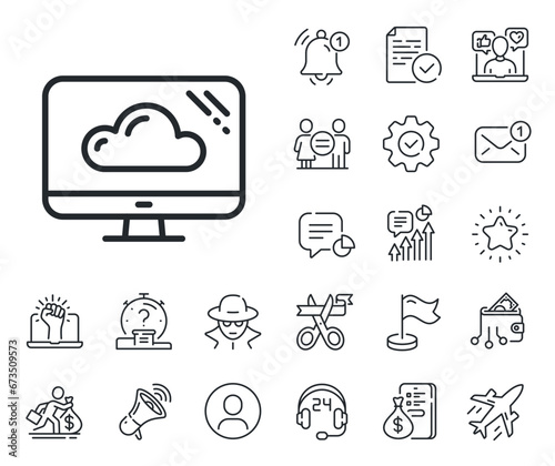 Cloud storage service sign. Salaryman, gender equality and alert bell outline icons. Computer line icon. Monitor symbol. Cloud storage line sign. Spy or profile placeholder icon. Vector