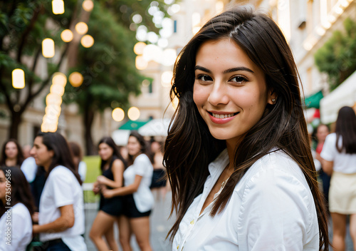 A brunette woman in a white shirt