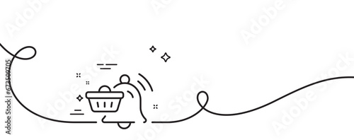 Notification cart line icon. Continuous one line with curl. Bell alarm reminder sign. Shopping message symbol. Notification cart single outline ribbon. Loop curve pattern. Vector