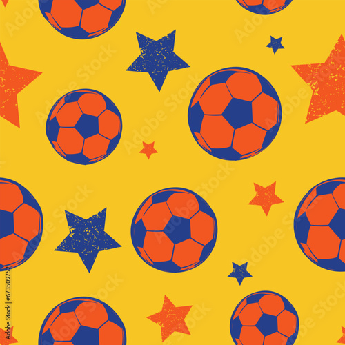 Cartoon Football ornament with soccer ball. Seamless pattern with ball and star. Background for wrapping paper  socks  clothes  stationery  textile  fabric and other design.