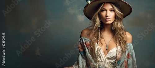 A studio photoshoot captures the elegance of a lovely and youthful woman wearing a boho inspired dress and accompanying accessories This ensemble embraces a fusion of modern hippie and bohe photo