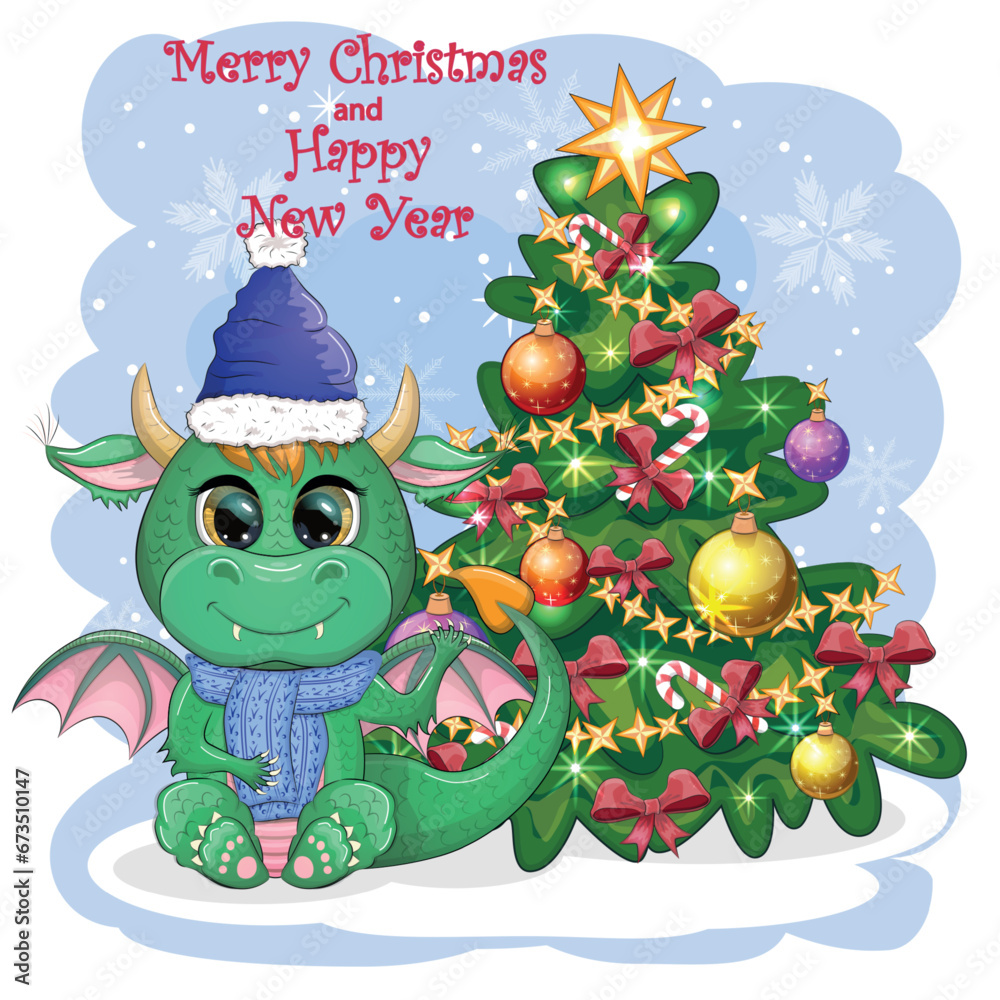 Naklejka premium A cute cartoon green dragon in a Santa hat holds a red gift and sits next to the Christmas tree. 2024 new year