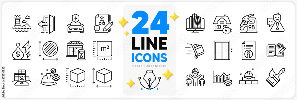 Icons set of Algorithm, Entrance and Engineering team line icons pack for app with Box size, Push cart, Package size thin outline icon. Square meter, Brush, Working process pictogram. Vector