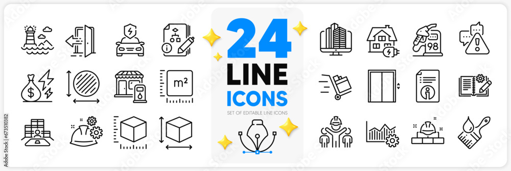 Icons set of Algorithm, Entrance and Engineering team line icons pack for app with Box size, Push cart, Package size thin outline icon. Square meter, Brush, Working process pictogram. Vector Icons set of Algorithm, Entrance and Engineering team line icons pack for app with Box size, Push cart, Package size thin outline icon. Square meter, Brush, Working process pictogram. Vector