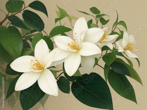 jasmine flowers on a branch with leaves