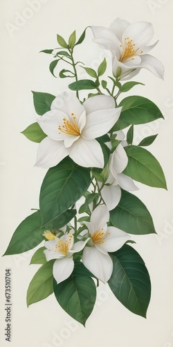 jasmine flowers on a branch with leaves