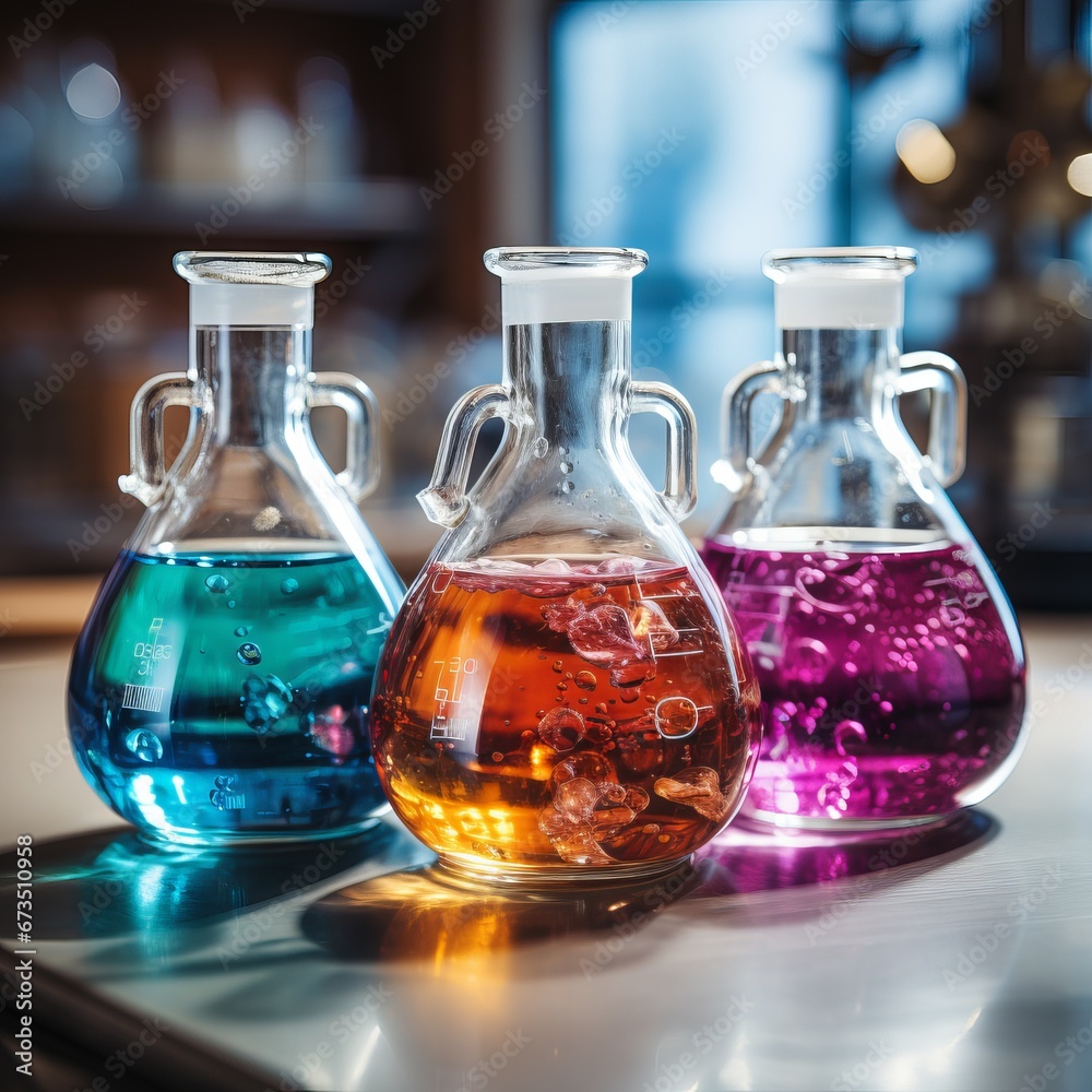 Chemical glass flasks filled with multi-colored liquid. Concept: science and research Chemical glass flasks filled with multi-colored liquid. Concept: science and research