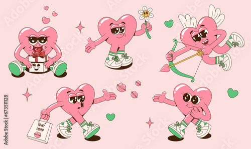 Retro groovy lovely hearts characters. Cartoon romantic 60s 70s vintage Happy Valentine's day stickers. Vector illustration in pink, red, green and yellow colors.