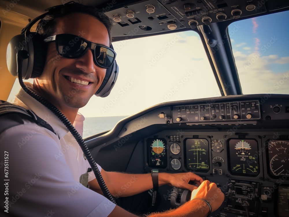 man  pilot in the cockpit  airplane - obrazy, fototapety, plakaty 