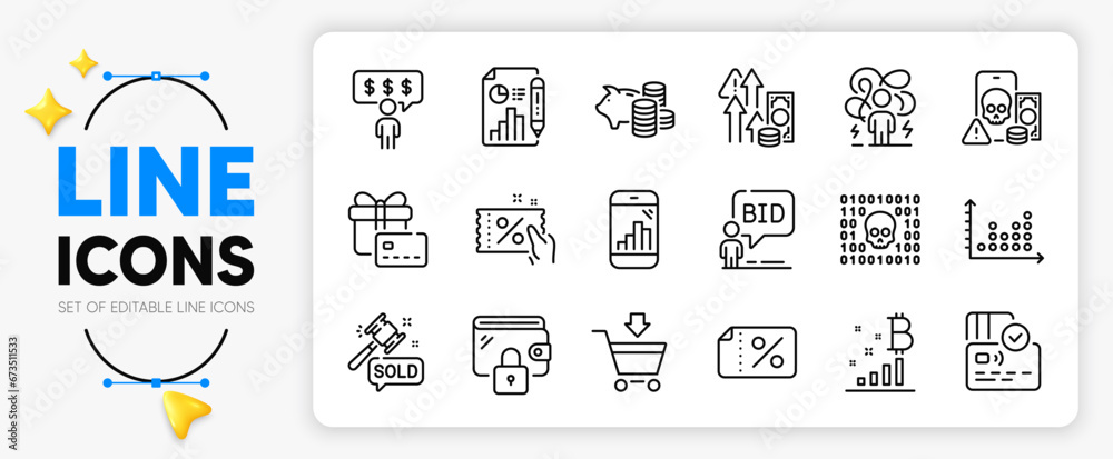 Wallet, Piggy bank and Card line icons set for app include Auction, Auction hammer, Discount banner outline thin icon. Dot plot, Report document, Phishing pictogram icon. Discount coupon. Vector Wallet, Piggy bank and Card line icons set for app include Auction, Auction hammer, Discount banner outline thin icon. Dot plot, Report document, Phishing pictogram icon. Discount coupon. Vector
