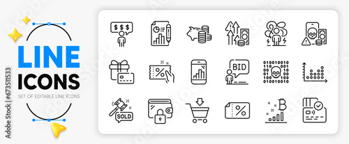 Wallet, Piggy bank and Card line icons set for app include Auction, Auction hammer, Discount banner outline thin icon. Dot plot, Report document, Phishing pictogram icon. Discount coupon. Vector