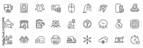 Icons pack as Snow weather, Cpu processor and Scroll down line icons for app include 5g notebook, Stand lamp, Headhunter outline thin icon web set. Favorite, Snowflake, Card pictogram. Vector