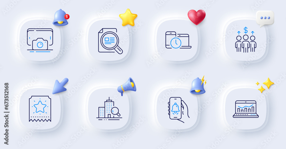 Phone photo, Web analytics and Time management line icons. Buttons with 3d bell, chat speech, cursor. Pack of Check article, Loyalty ticket, Inspect icon. Bell alert, Meeting pictogram. Vector Phone photo, Web analytics and Time management line icons. Buttons with 3d bell, chat speech, cursor. Pack of Check article, Loyalty ticket, Inspect icon. Bell alert, Meeting pictogram. Vector