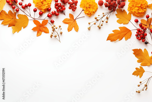 fall halloween thanksgiving concept.  festive autumn decor from pumpkins  berries and leaves on white background.  flat lay composition with copy space