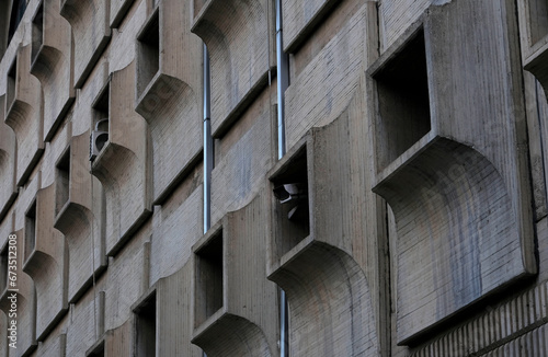 Detail of a brutalist building in Skopje, North Macedonia