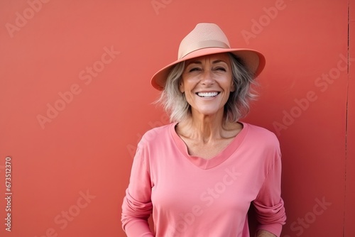 Portrait of a happy senior woman with hat against red wall.