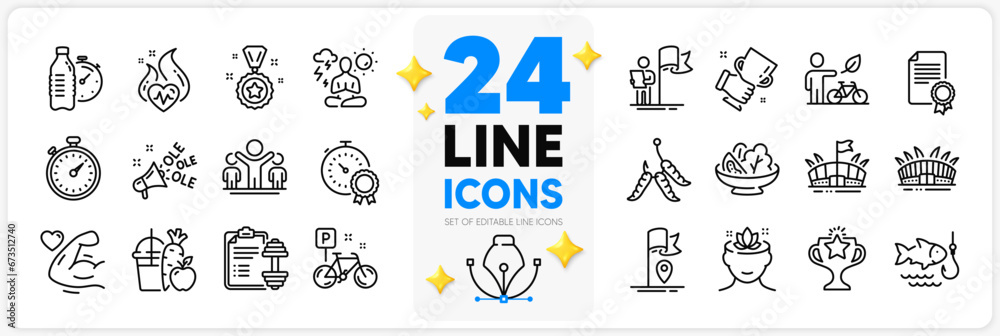 Icons set of Yoga mind, Arena stadium and Dumbbell line icons pack for app with Juice, Yoga, Timer thin outline icon. Eco bike, Leadership, Strong arm pictogram. Winner cup, Flag, Arena. Vector