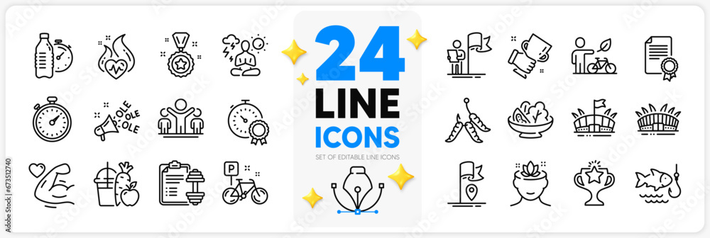 Icons set of Yoga mind, Arena stadium and Dumbbell line icons pack for app with Juice, Yoga, Timer thin outline icon. Eco bike, Leadership, Strong arm pictogram. Winner cup, Flag, Arena. Vector Icons set of Yoga mind, Arena stadium and Dumbbell line icons pack for app with Juice, Yoga, Timer thin outline icon. Eco bike, Leadership, Strong arm pictogram. Winner cup, Flag, Arena. Vector