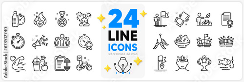 Icons set of Yoga mind, Arena stadium and Dumbbell line icons pack for app with Juice, Yoga, Timer thin outline icon. Eco bike, Leadership, Strong arm pictogram. Winner cup, Flag, Arena. Vector