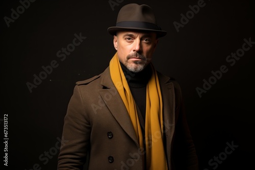 Handsome middle aged man wearing a hat and coat on a black background.