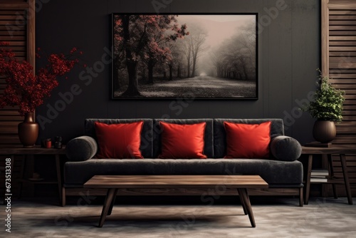 Rustic Elegance: Black and Red Sofa in Living Room View © lucas