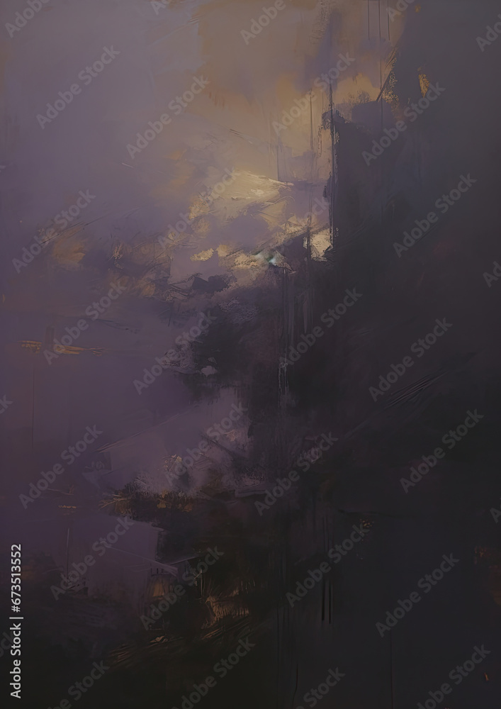 a painting of a city in the fog. Expressive Violet oil painting background