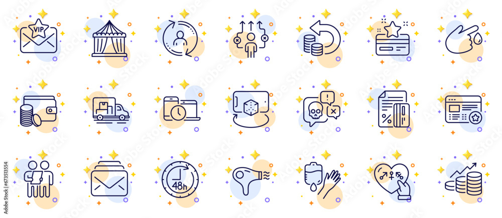 Outline set of Vip mail, Survey and User info line icons for web app. Include Business way, 48 hours, Blood donation pictogram icons. Truck transport, Growth chart, Augmented reality signs. Vector Outline set of Vip mail, Survey and User info line icons for web app. Include Business way, 48 hours, Blood donation pictogram icons. Truck transport, Growth chart, Augmented reality signs. Vector