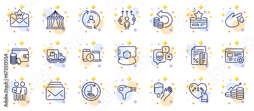 Outline set of Vip mail, Survey and User info line icons for web app. Include Business way, 48 hours, Blood donation pictogram icons. Truck transport, Growth chart, Augmented reality signs. Vector