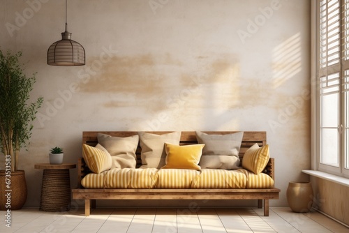 Serene Simplicity: Neutral Striped Sofa in Front of Window