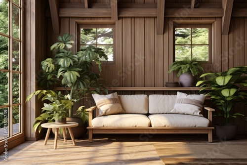 Dreamlike Naturaleza  Wooden Living Room with Sofa and Planter