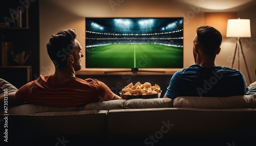 at home group of soccer fans on couch watch sport game on TV, online bet, celebrate when team wins championship. Friends cheer eat snacks, watch favorite football club play photo